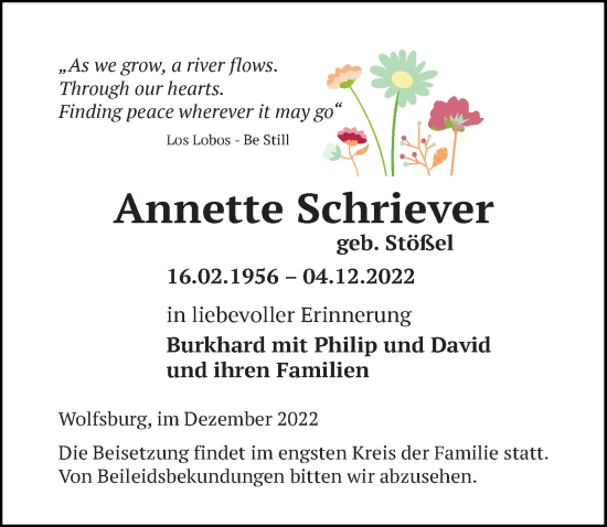 Traueranzeige von Annette Schriever von Aller Zeitung