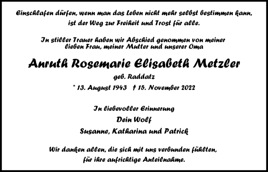 Traueranzeige von Anruth Rosemarie Metzler von Kieler Nachrichten
