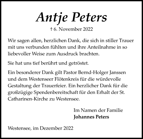 Traueranzeige von Antje Peters von Kieler Nachrichten