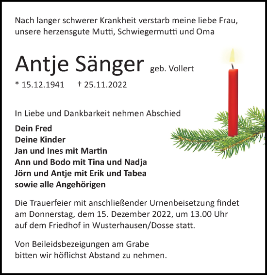 Traueranzeigen Von Antje Sänger | Trauer-anzeigen.de