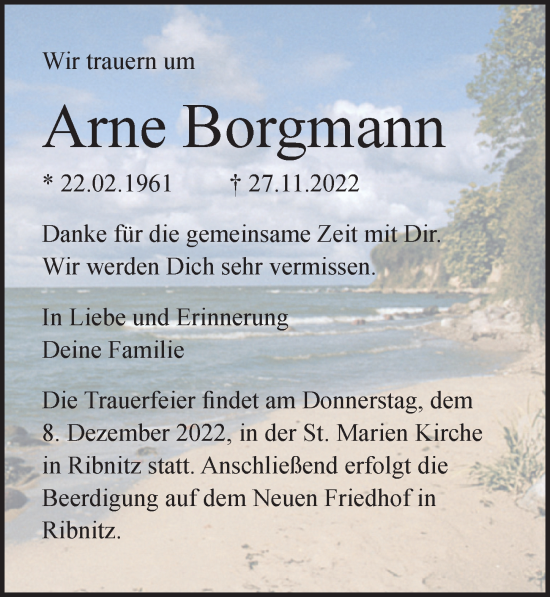 Traueranzeige von Arne Borgmann von Ostsee-Zeitung GmbH