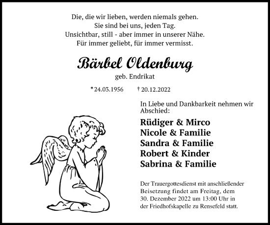 Traueranzeige von Bärbel Oldenburg von Lübecker Nachrichten