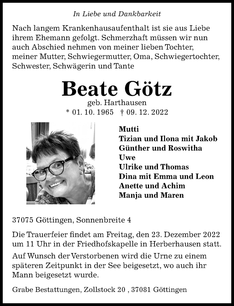  Traueranzeige für Beate Götz vom 20.12.2022 aus Göttinger Tageblatt