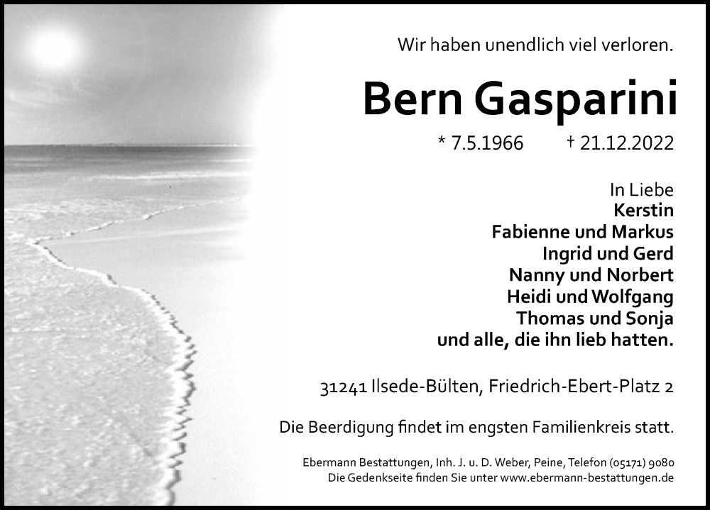  Traueranzeige für Bern Gasparini vom 24.12.2022 aus Peiner Allgemeine Zeitung