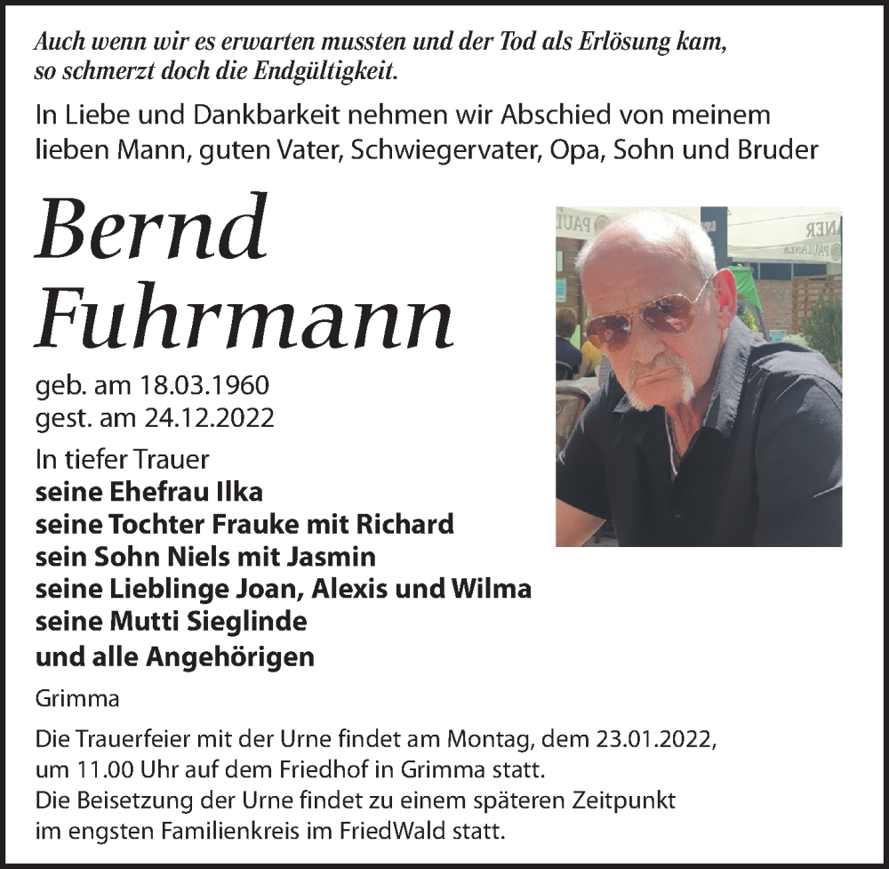  Traueranzeige für Bernd Fuhrmann vom 31.12.2022 aus Leipziger Volkszeitung