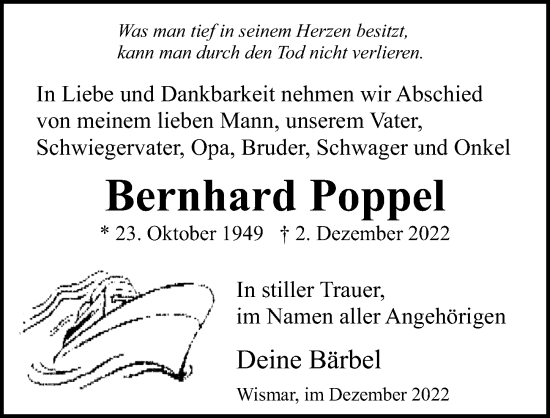 Traueranzeige von Bernhard Poppel von Ostsee-Zeitung GmbH