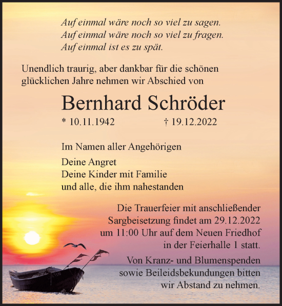 Traueranzeige von Bernhard Schröder von Ostsee-Zeitung GmbH