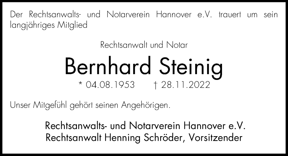  Traueranzeige für Bernhard Steinig vom 10.12.2022 aus Hannoversche Allgemeine Zeitung/Neue Presse
