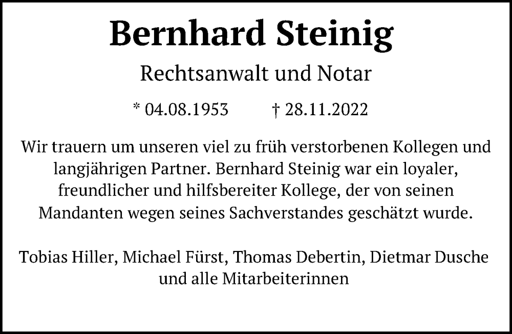  Traueranzeige für Bernhard Steinig vom 07.12.2022 aus Hannoversche Allgemeine Zeitung/Neue Presse