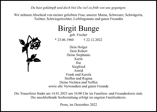 Traueranzeige von Birgit Bunge von Ostsee-Zeitung GmbH