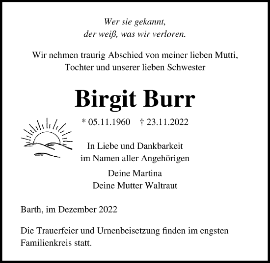 Traueranzeige von Birgit Burr von Ostsee-Zeitung GmbH