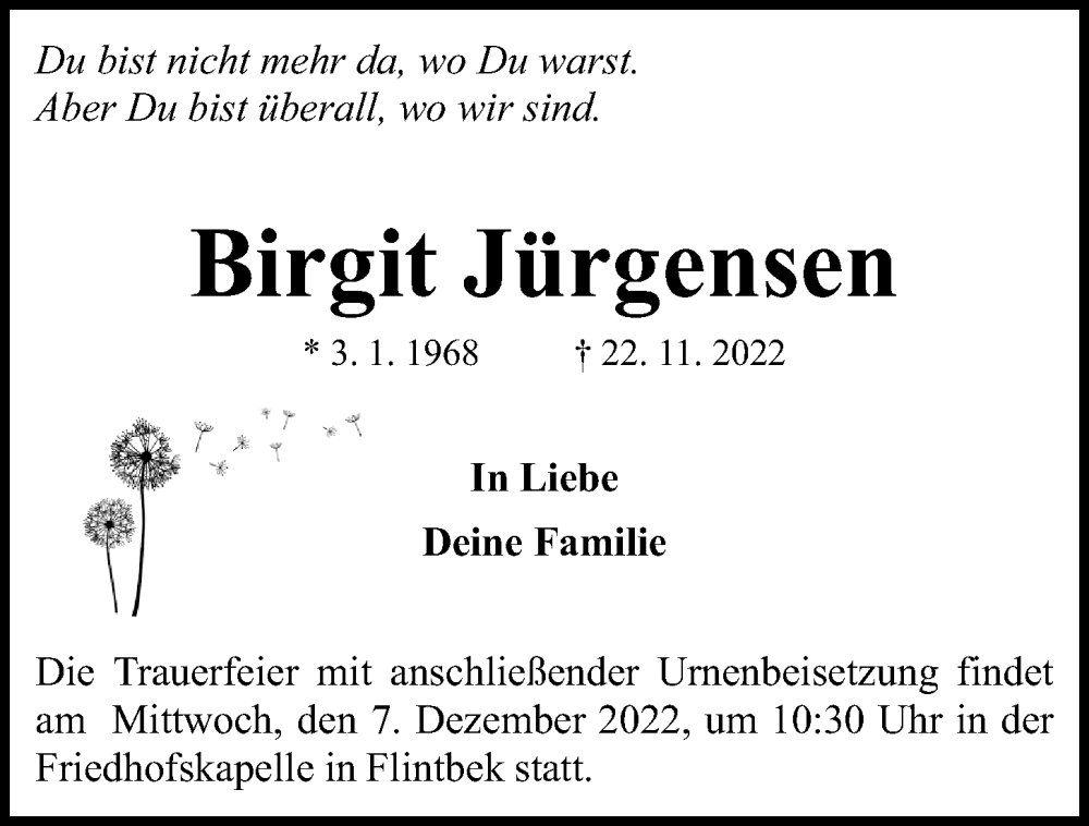  Traueranzeige für Birgit Jürgensen vom 03.12.2022 aus Kieler Nachrichten