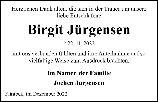 Traueranzeige von Birgit Jürgensen von Kieler Nachrichten