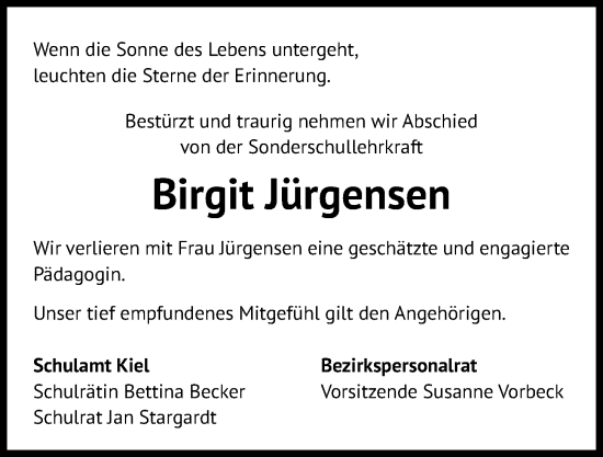 Traueranzeige von Birgit Jürgensen von Kieler Nachrichten