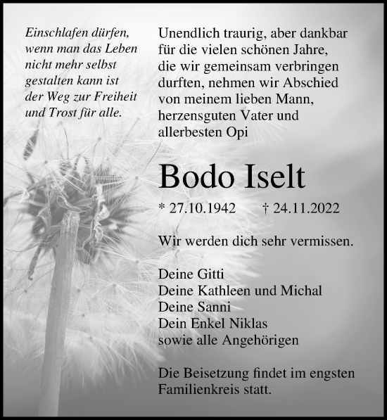 Traueranzeige von Bodo Iselt von Ostsee-Zeitung GmbH