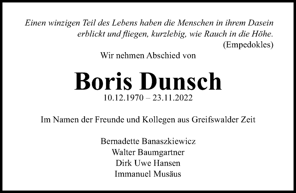  Traueranzeige für Boris Dunsch vom 10.12.2022 aus Ostsee-Zeitung GmbH