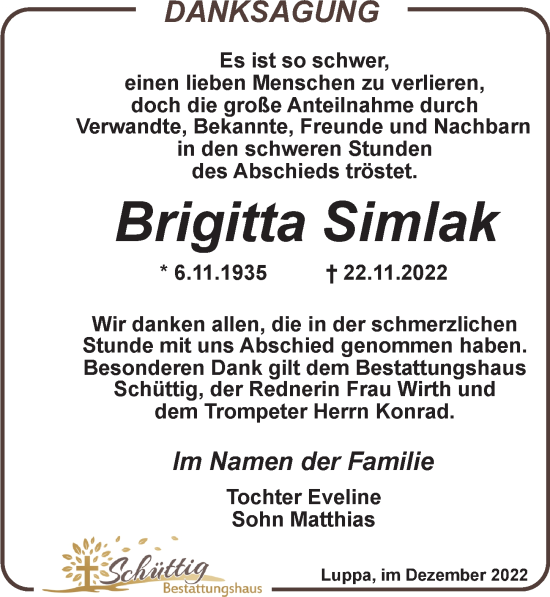 Traueranzeige von Brigitta Simlak von Leipziger Volkszeitung