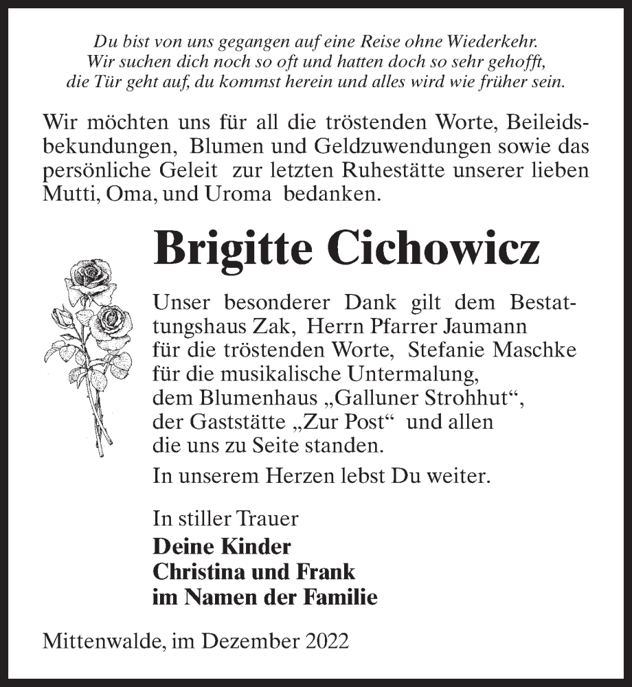  Traueranzeige für Brigitte Cichowicz vom 03.12.2022 aus Märkischen Allgemeine Zeitung