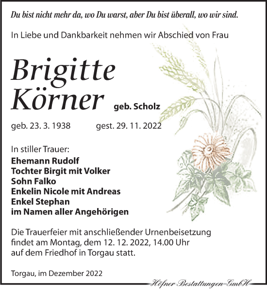 Traueranzeige von Brigitte Körner von Torgauer Zeitung