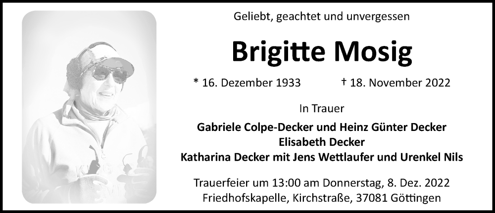  Traueranzeige für Brigitte Mosig vom 03.12.2022 aus Göttinger Tageblatt