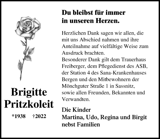 Traueranzeige von Brigitte Pritzkoleit von Ostsee-Zeitung GmbH