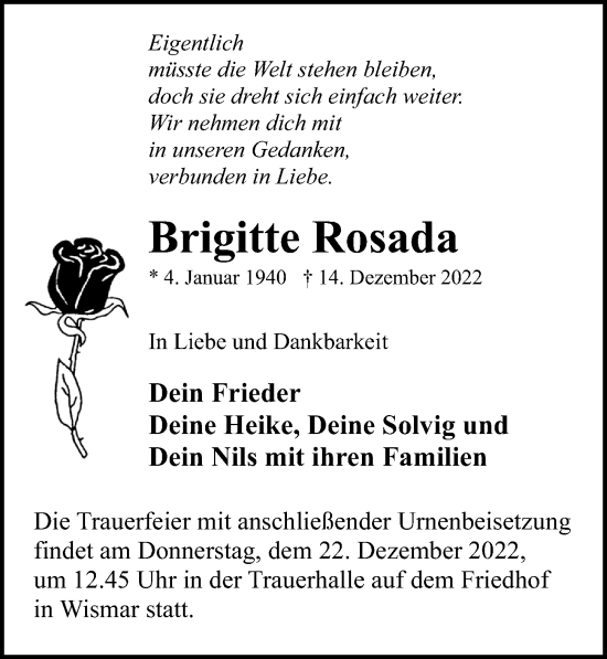 Traueranzeige von Brigitte Rosada von Ostsee-Zeitung GmbH