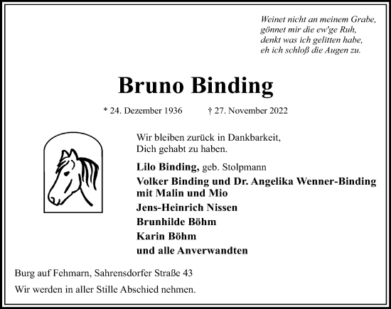 Traueranzeige von Bruno Binding von Lübecker Nachrichten