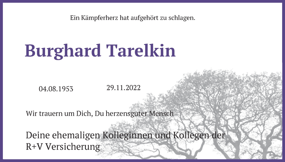  Traueranzeige für Burghard Tarelkin vom 03.12.2022 aus Ostsee-Zeitung GmbH