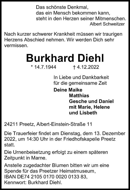 Traueranzeige von Burkhard Diehl von Kieler Nachrichten