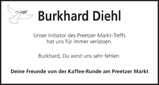 Traueranzeige von Burkhard Diehl von Kieler Nachrichten