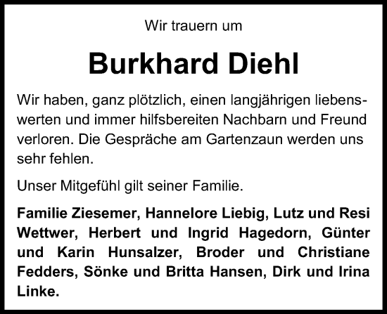 Traueranzeige von Burkhard Diehl von Kieler Nachrichten