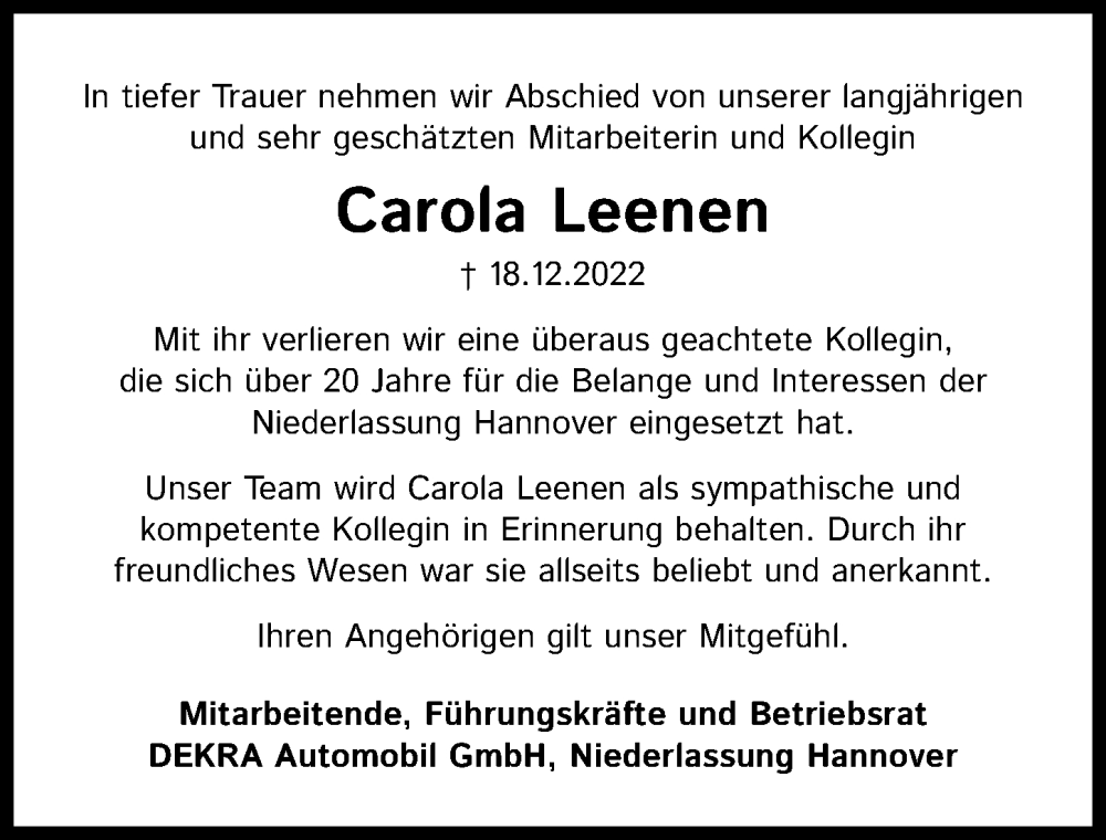  Traueranzeige für Carola Leenen vom 28.12.2022 aus Hannoversche Allgemeine Zeitung/Neue Presse