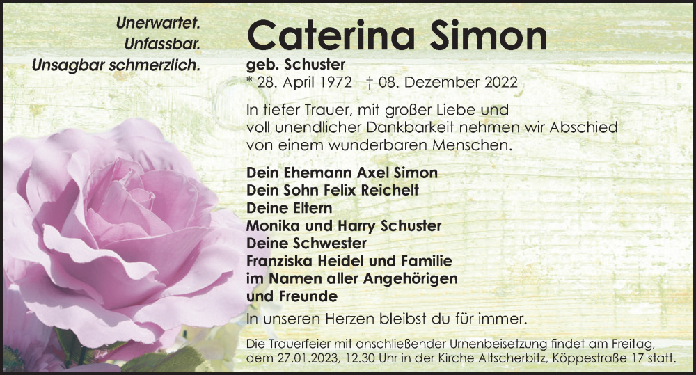  Traueranzeige für Caterina Simon vom 31.12.2022 aus Leipziger Volkszeitung