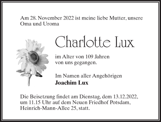 Traueranzeige von Charlotte Lux von Märkischen Allgemeine Zeitung