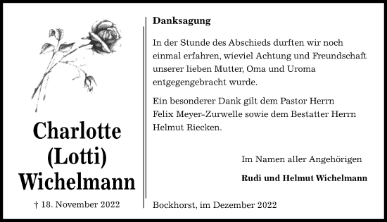 Traueranzeige von Charlotte Wichelmann von Kieler Nachrichten