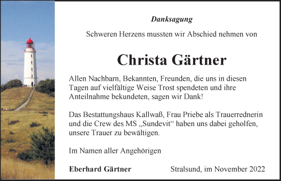 Traueranzeige von Christa Gärtner von Ostsee-Zeitung GmbH