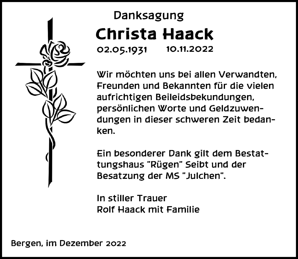  Traueranzeige für Christa Haack vom 17.12.2022 aus Ostsee-Zeitung GmbH