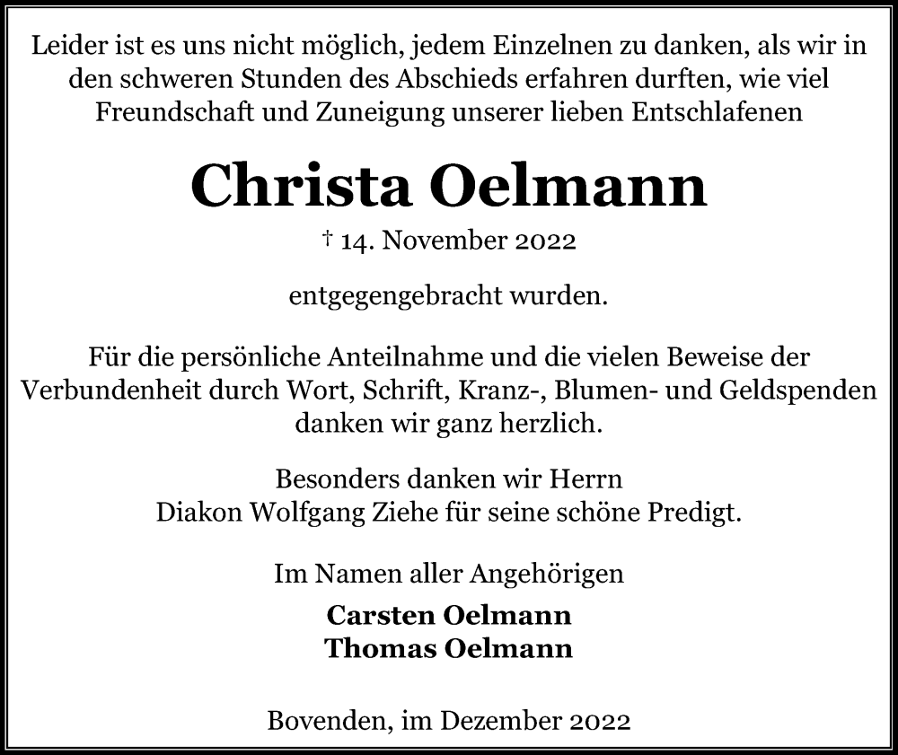  Traueranzeige für Christa Oelmann vom 17.12.2022 aus Göttinger Tageblatt