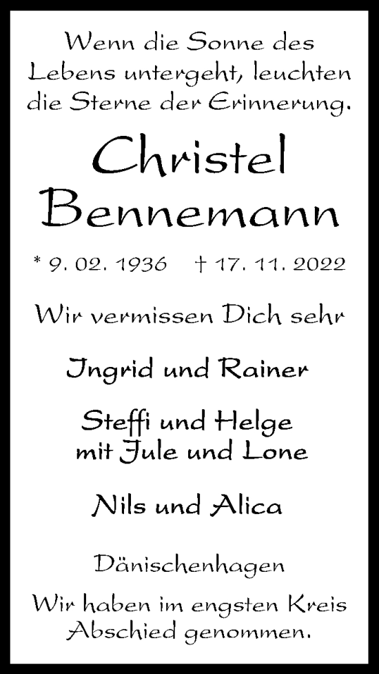 Traueranzeige von Christel Bennemann von Kieler Nachrichten