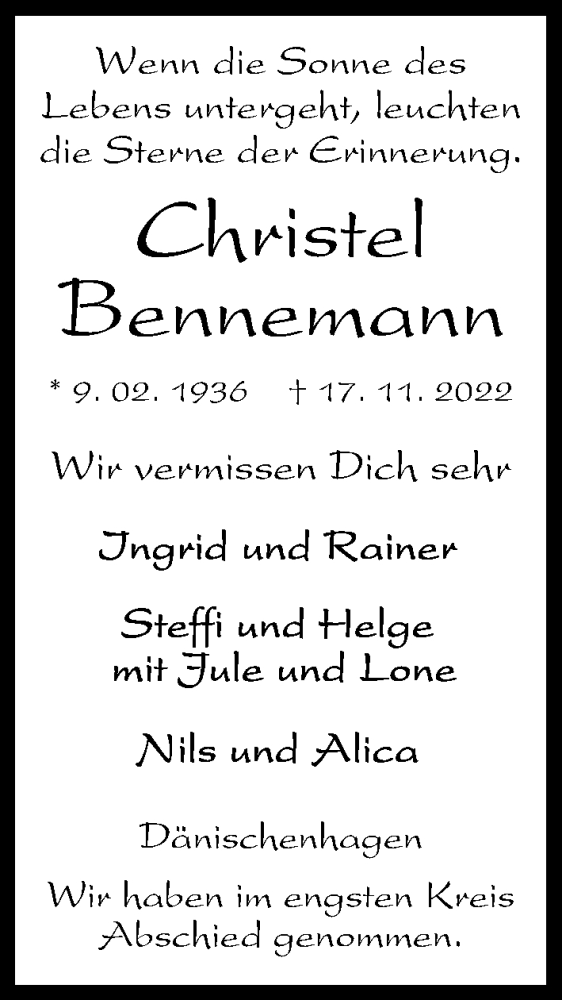  Traueranzeige für Christel Bennemann vom 10.12.2022 aus Kieler Nachrichten