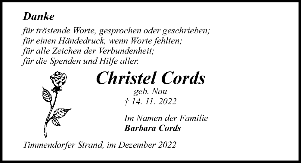  Traueranzeige für Christel Cords vom 11.12.2022 aus Lübecker Nachrichten