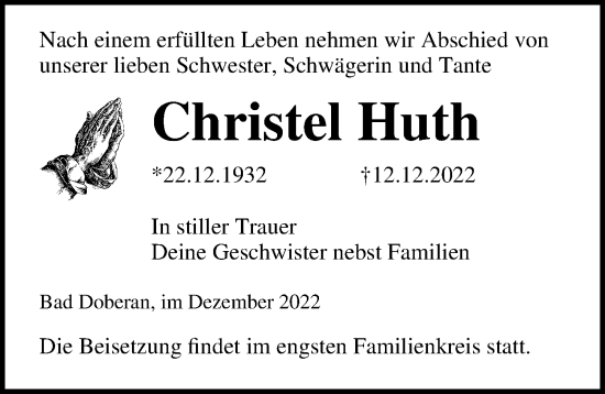 Traueranzeige von Christel Huth von Ostsee-Zeitung GmbH