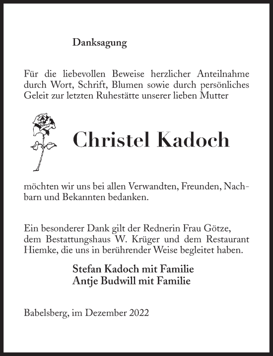 Traueranzeige von Christel Kadoch von Märkischen Allgemeine Zeitung