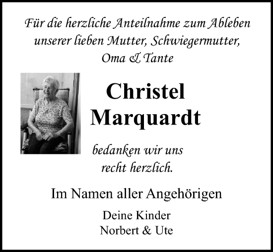 Traueranzeige von Christel Marquardt von Ostsee-Zeitung GmbH