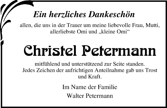 Traueranzeige von Christel Petermann von Ostsee-Zeitung GmbH