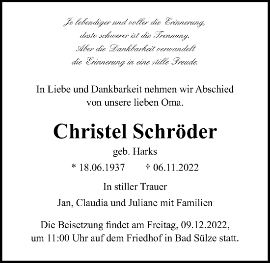 Traueranzeige von Christel Schröder von Ostsee-Zeitung GmbH