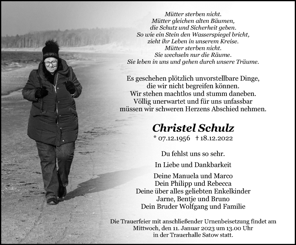  Traueranzeige für Christel Schulz vom 24.12.2022 aus Ostsee-Zeitung GmbH