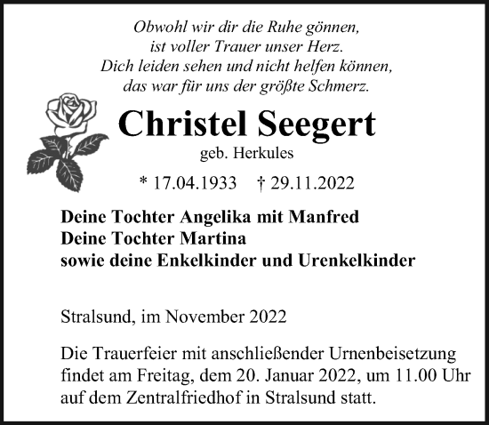 Traueranzeige von Christel Seegert von Ostsee-Zeitung GmbH