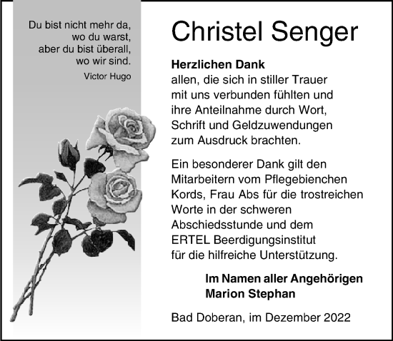 Traueranzeige von Christel Senger von Ostsee-Zeitung GmbH