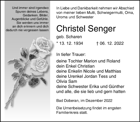 Traueranzeige von Christel Senger von Ostsee-Zeitung GmbH